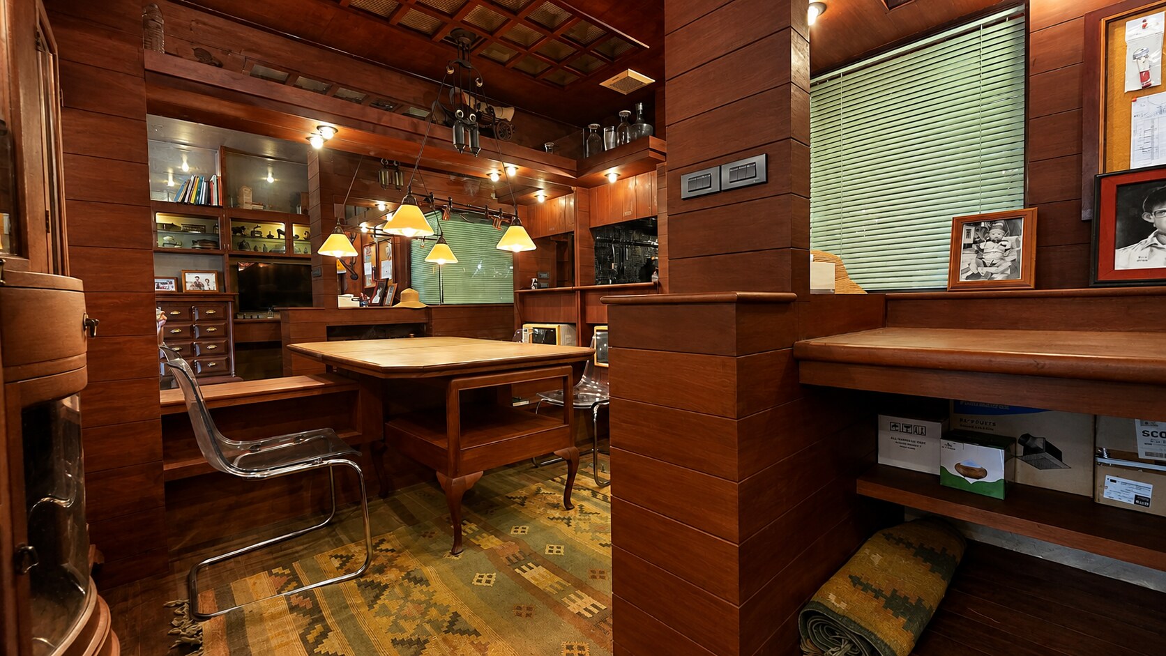 Wood-finished dining and kitchen area